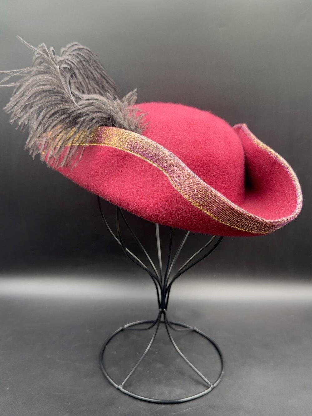 Disney Parks Pirates Caribbean Redd Pirate Tricorn Hat Feather Burgundy Gold